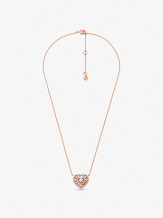 Michael Kors Precious Metal-Plated Sterling Silver Pavé Heart Women Necklace ROSE GOLD | USALIM1574