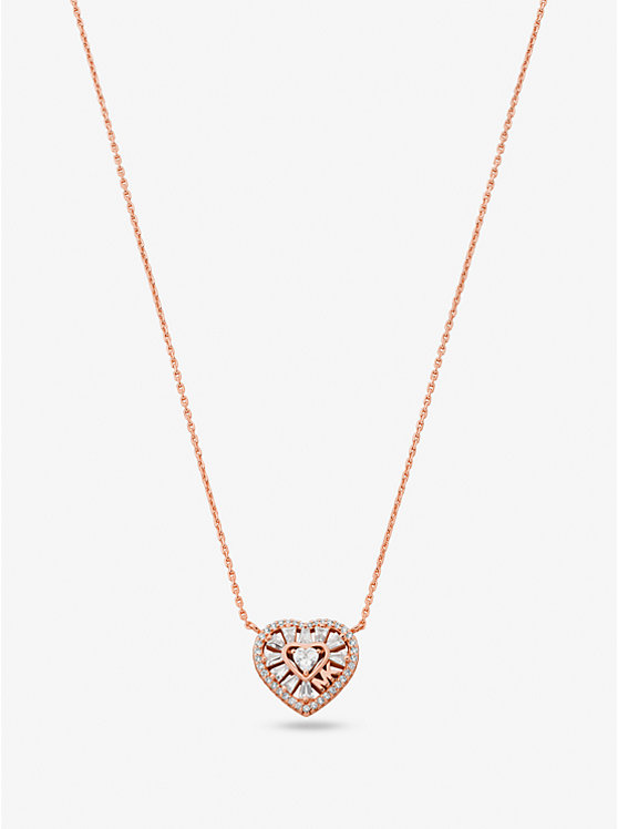 Michael Kors Precious Metal-Plated Sterling Silver Pavé Heart Women Necklace ROSE GOLD | USALIM1574