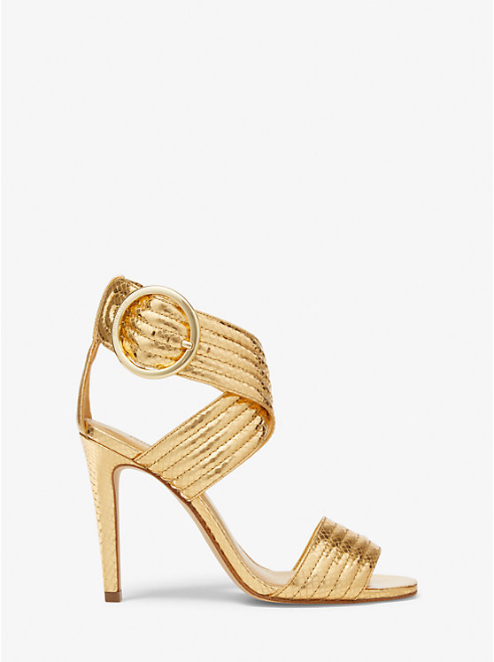 Michael Kors Remi Metallic Snake Embossed Leather Women Sandals GOLD | USAMQX1946