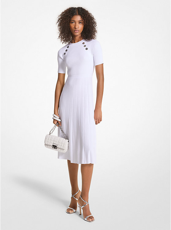 Michael Kors Ribbed Stretch Knit Button Midi Women Dress WHITE | USAMQJ1321