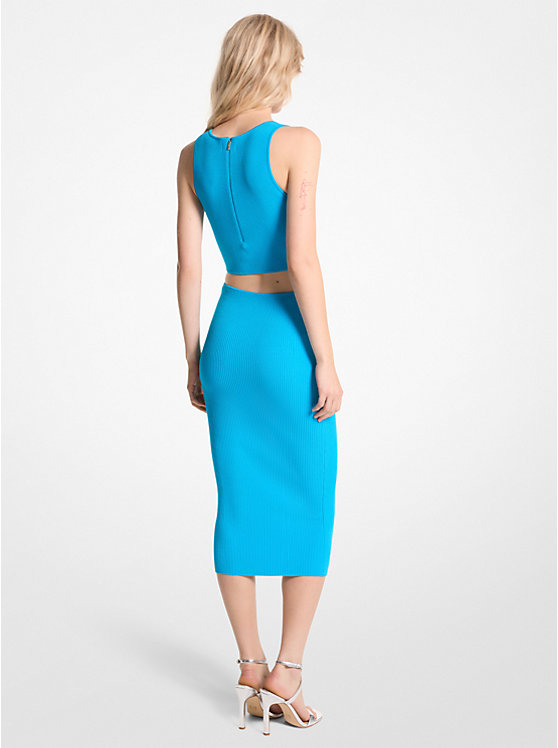 Michael Kors Ribbed Stretch Knit Cutout Midi Women Dress MILOS BLUE | USAMQK1322