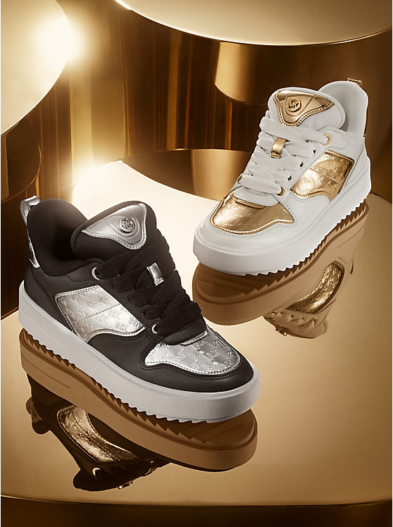 Michael Kors Rumi Leather and Logo-Embossed Metallic Platforms Women Sneakers SILVER | USAHAW2008