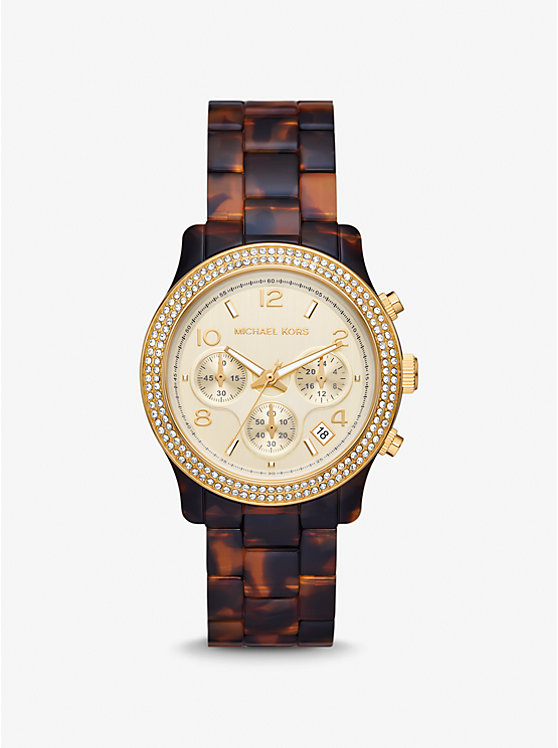 Michael Kors Runway Pavé Gold-Tone and Tortoiseshell Acetate Women Watch TORTOISE | USARVI1663