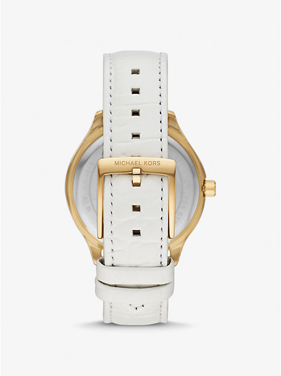 Michael Kors Sage Pavé Gold-Tone and Crocodile Embossed Leather Women Watch OPTIC WHITE | USAPJF1669