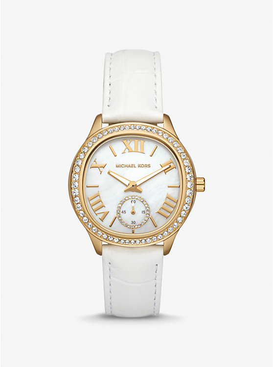 Michael Kors Sage Pavé Gold-Tone and Crocodile Embossed Leather Women Watch OPTIC WHITE | USAPJF1669