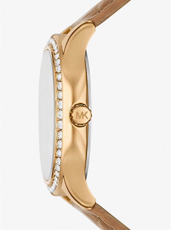 Michael Kors Sage Pavé Gold-Tone and Crocodile Embossed Leather Women Watch PEANUT | USAAHG1670