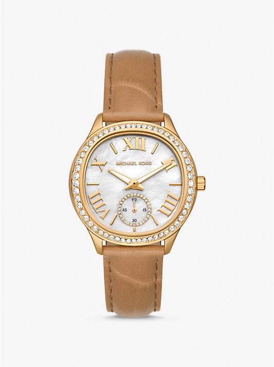 Michael Kors Sage Pavé Gold-Tone and Crocodile Embossed Leather Women Watch PEANUT | USAAHG1670