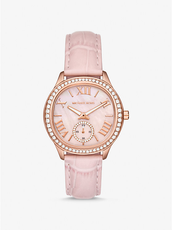 Michael Kors Sage Pavé Rose Gold-Tone and Crocodile Embossed Leather Women Watch POWDER PINK | USASGH1671