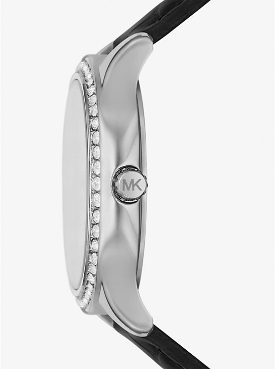 Michael Kors Sage Pavé Silver-Tone and Crocodile Embossed Leather Women Watch BLACK | USADFJ1672