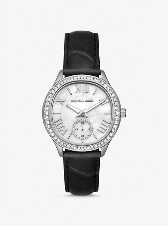 Michael Kors Sage Pavé Silver-Tone and Crocodile Embossed Leather Women Watch BLACK | USADFJ1672