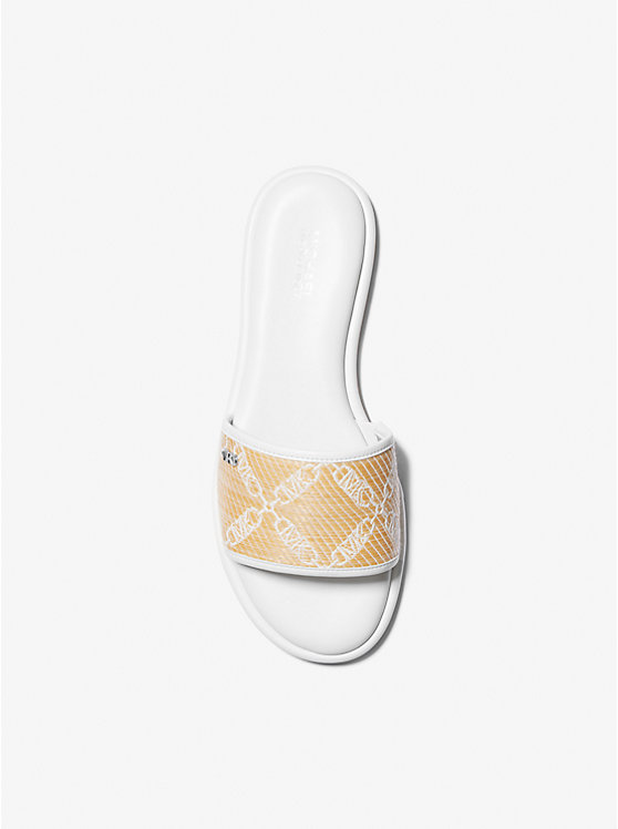 Michael Kors Saylor Empire Logo Jacquard Straw Slide Women Sandals NAT/OPTICWHT | USAFDY1958