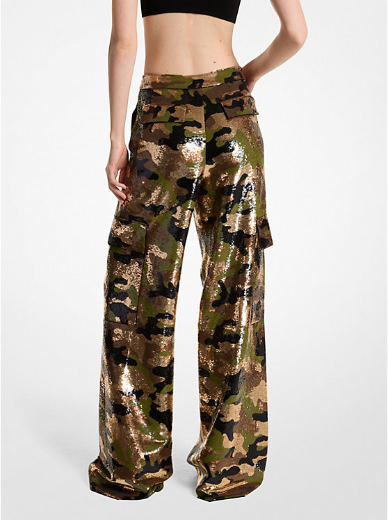 Michael Kors Sequined Camouflage Wide-Leg Cargo Women Pants DARK CAMEL | USAOKR1443