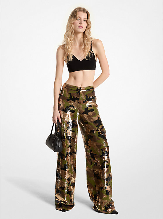 Michael Kors Sequined Camouflage Wide-Leg Cargo Women Pants DARK CAMEL | USAOKR1443