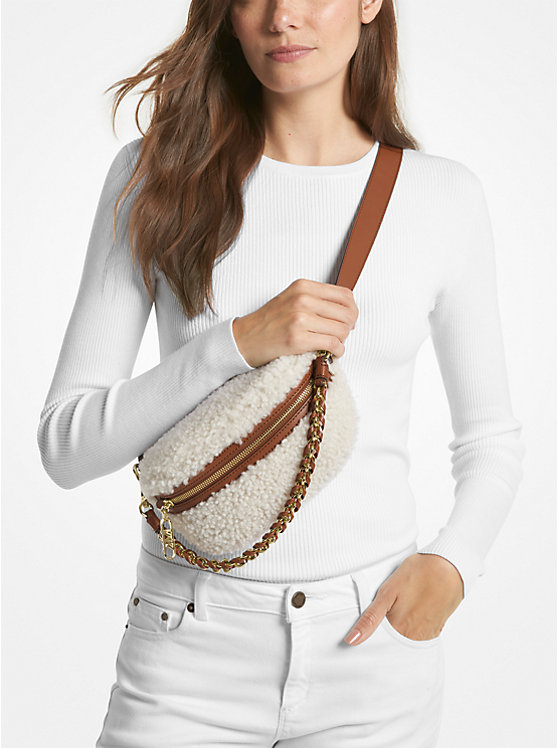 Michael Kors Slater Extra-Small Shearling Sling Pack Women Crossbody Bag NATURAL/LUGGAGE | USAUZK1133