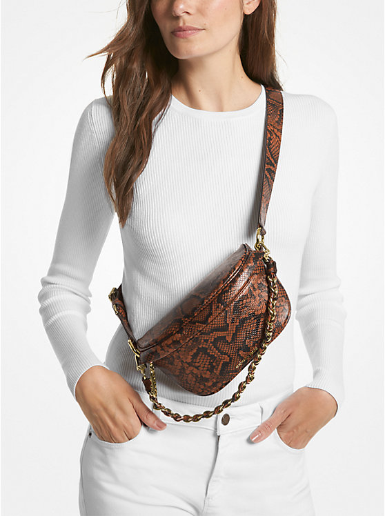 Michael Kors Slater Extra-Small Snake Embossed Leather Sling Pack Women Crossbody Bag LUGGAGE | USAYXL1134