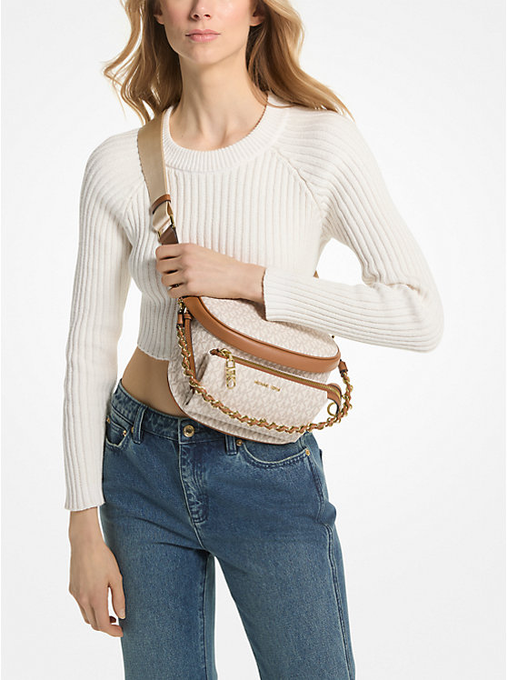 Michael Kors Slater Medium Signature Logo Sling Pack Women Crossbody Bag VANILLA/ACORN | USAEBM1142