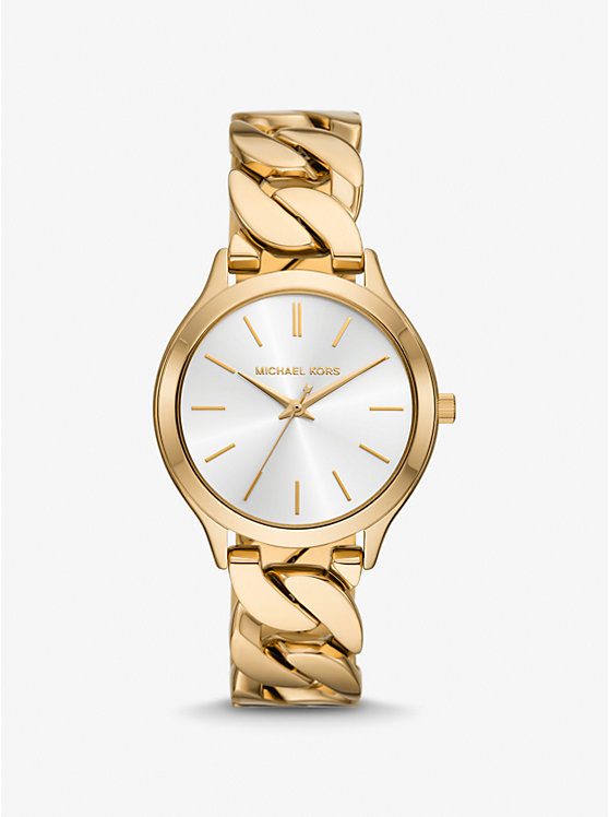 Michael Kors Slim Runway Gold-Tone Curb-Link Women Watch GOLD | USAFDK1673