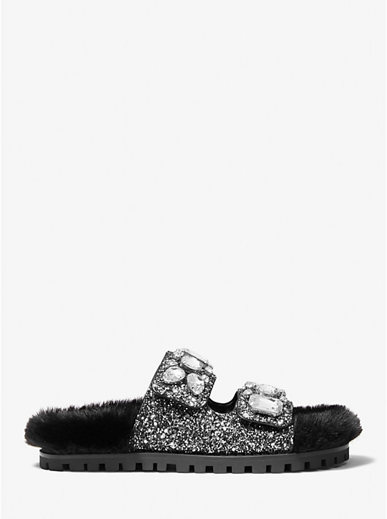 Michael Kors Stark Embellished Glitter and Faux Fur Slide Women Sandals BLACK/SILVER | USAUZD1965