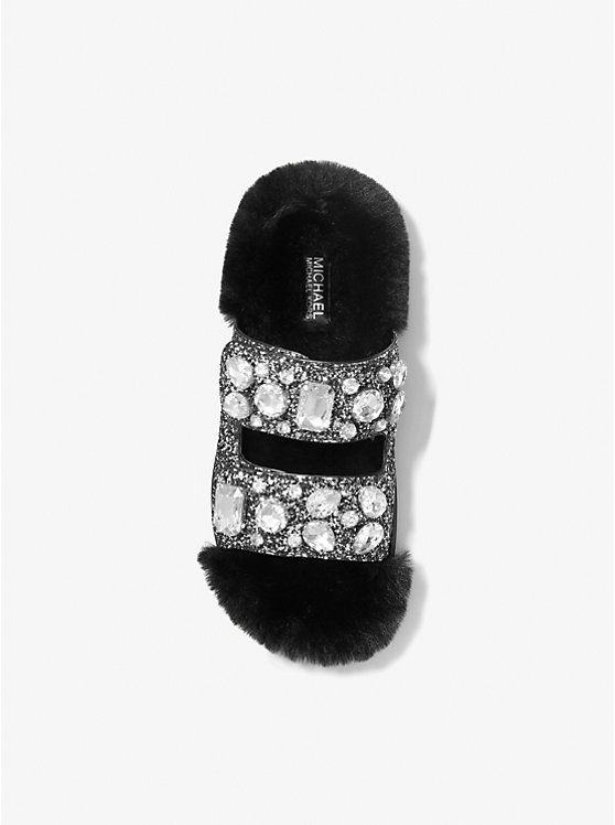 Michael Kors Stark Embellished Glitter and Faux Fur Slide Women Sandals BLACK/SILVER | USAUZD1965