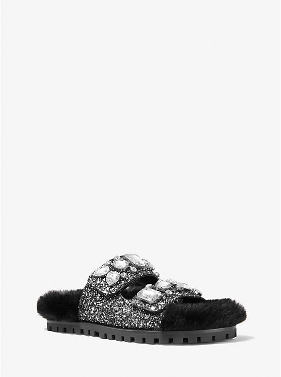 Michael Kors Stark Embellished Glitter and Faux Fur Slide Women Sandals BLACK/SILVER | USAUZD1965