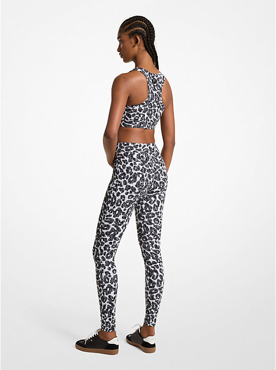 Michael Kors Stretch Recycled Nylon Leopard Logo Women Leggings ALUMINUM | USANWG1427