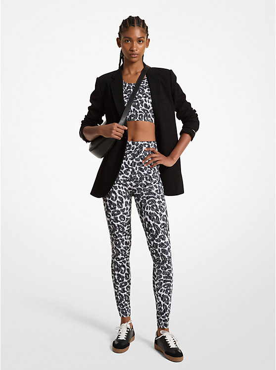 Michael Kors Stretch Recycled Nylon Leopard Logo Women Leggings ALUMINUM | USANWG1427