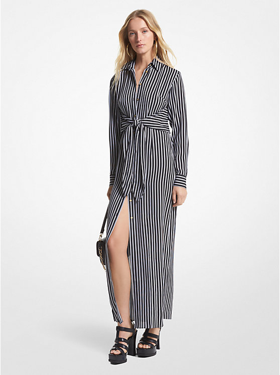 Michael Kors Striped Georgette Tie-Front Shirt Women Dress BLACK | USATCS1343