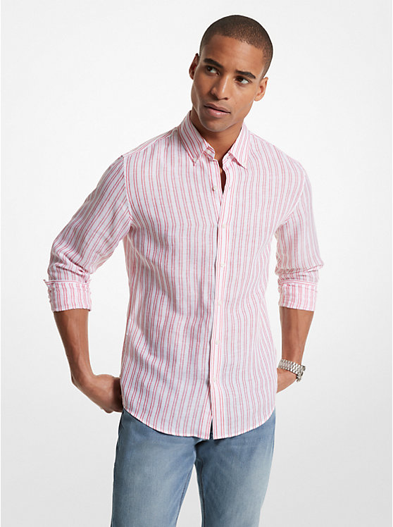 Michael Kors Striped Linen Blend Men Shirt CORAL | USAWNI2230