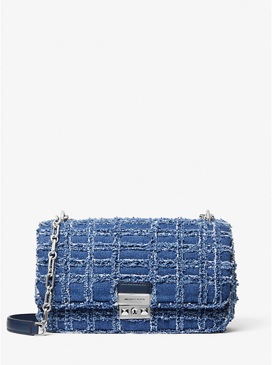 Michael Kors Tribeca Large Frayed Denim Women Crossbody Bag DENIM | USAUZR1146