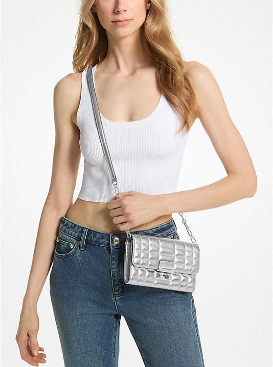 Michael Kors Tribeca Large Metallic Leather Convertible Women Crossbody Bag SILVER | USAPJU1149