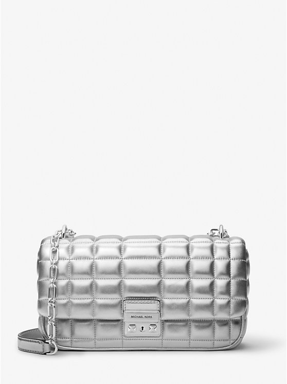 Michael Kors Tribeca Large Metallic Quilted Leather Women Crossbody Bag SILVER | USASGO1151