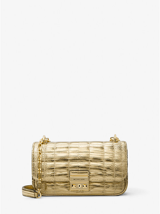 Michael Kors Tribeca Small Quilted Metallic Lizard Embossed Leather Women Shoulder Bag PALE GOLD | USAYXG1238