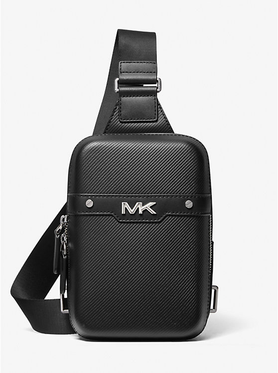 Michael Kors Varick Medium Textured Leather Sling Pack Men Crossbody Bag BLACK | USAEBA2125