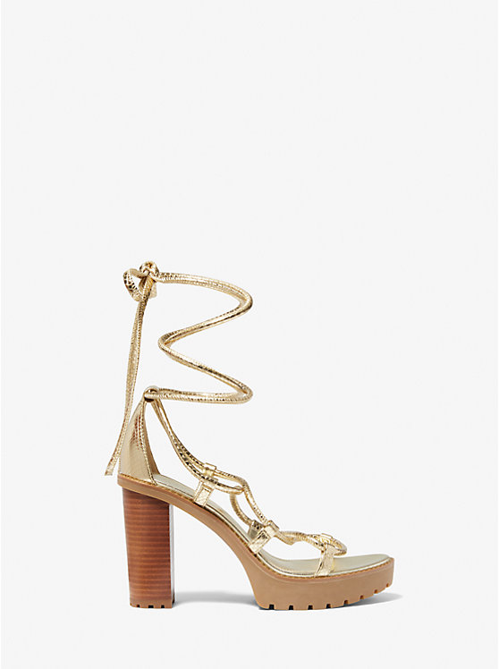 Michael Kors Vero Metallic Snake Embossed Leather Platform Women Sandals PALE GOLD | USAQMZ1972