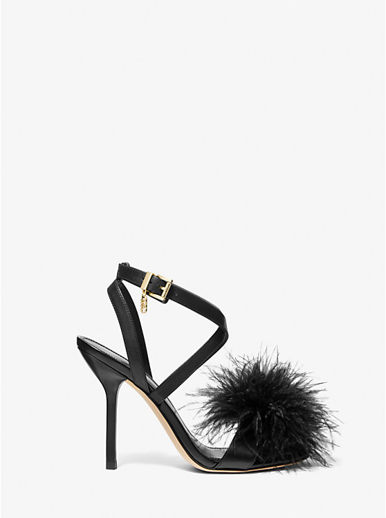 Michael Kors Whitby Feather Trim Leather Women Sandals BLACK | USAEBC1974