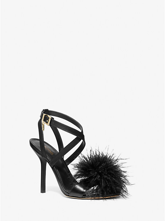 Michael Kors Whitby Feather Trim Leather Women Sandals BLACK | USAEBC1974